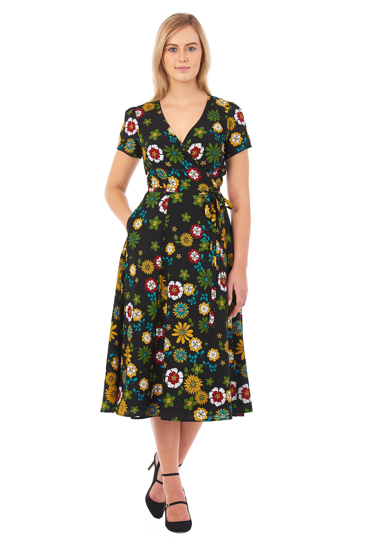 Shop Floral print crepe midi wrap dress | eShakti