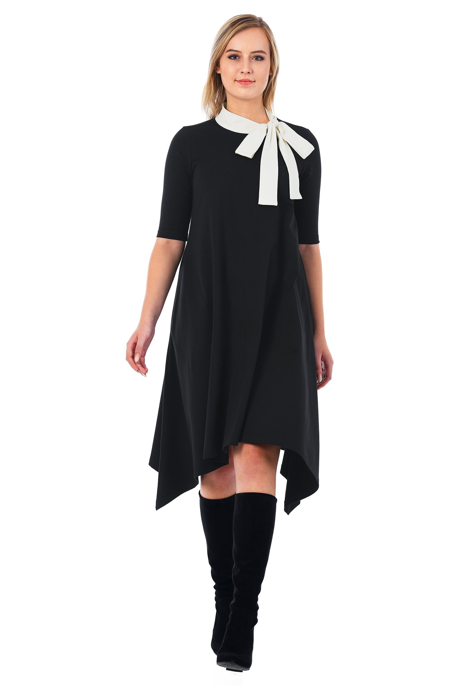 Shop Contrast tie neck cotton knit shift dress | eShakti