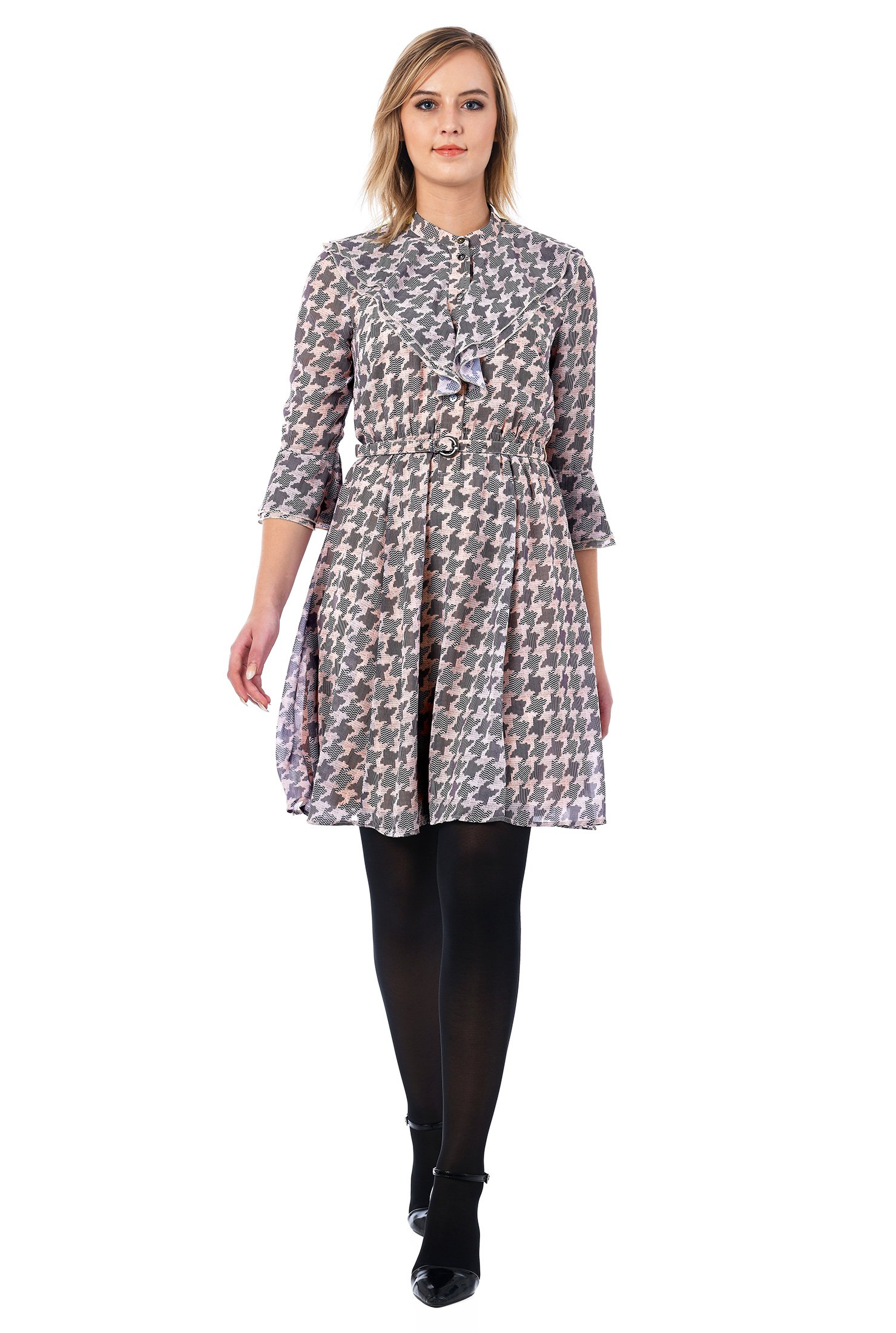 Shop Ruffle houndstooth print georgette shirtdress | eShakti