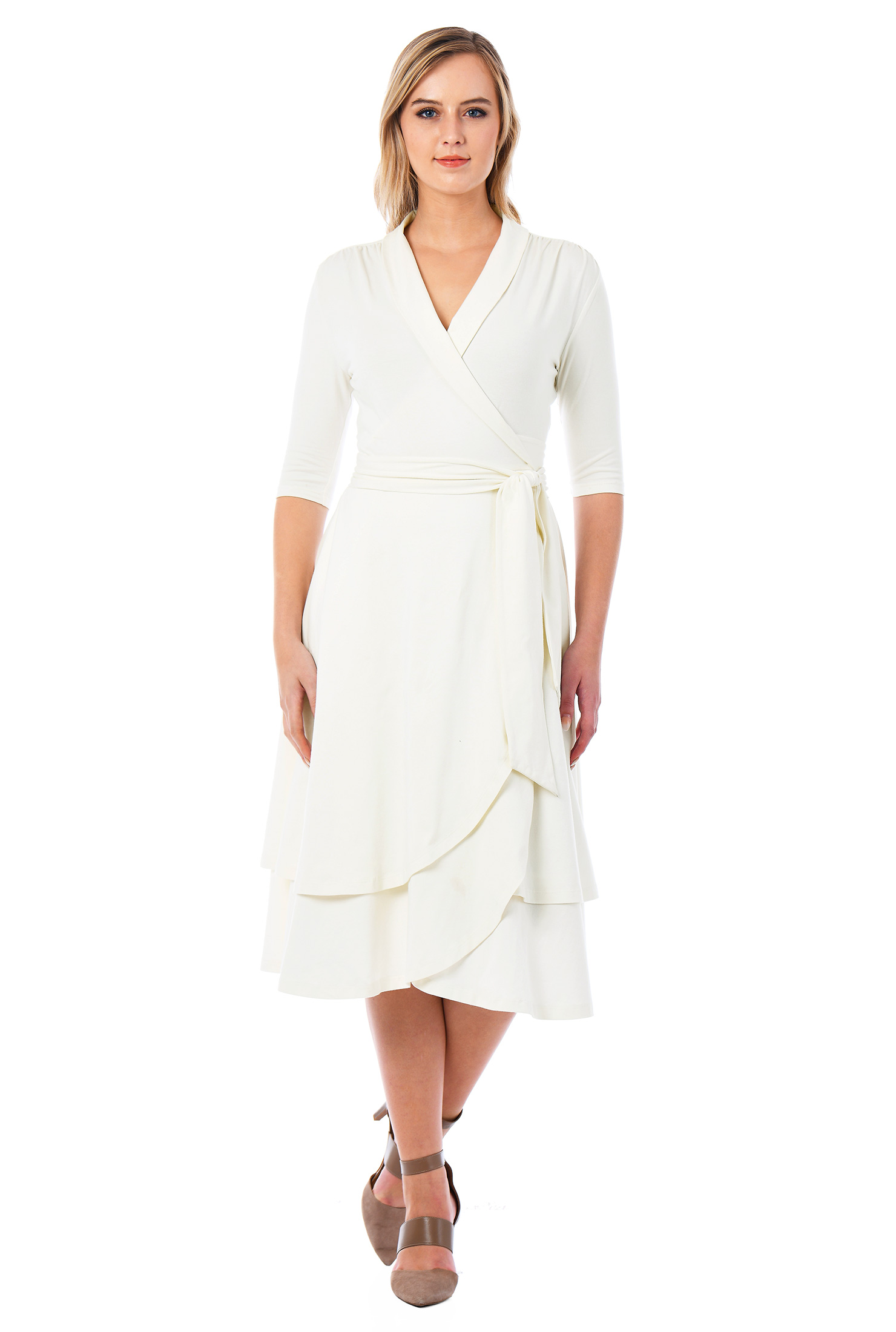 Shop Asymmetric layer cotton knit wrap dress eShakti