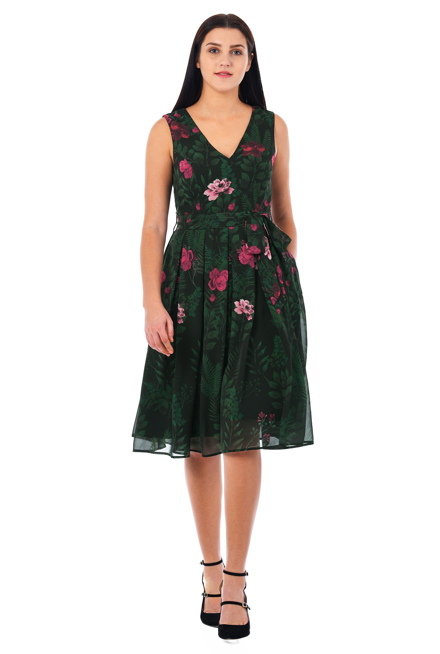 Shop Floral print sash tie georgette dress | eShakti