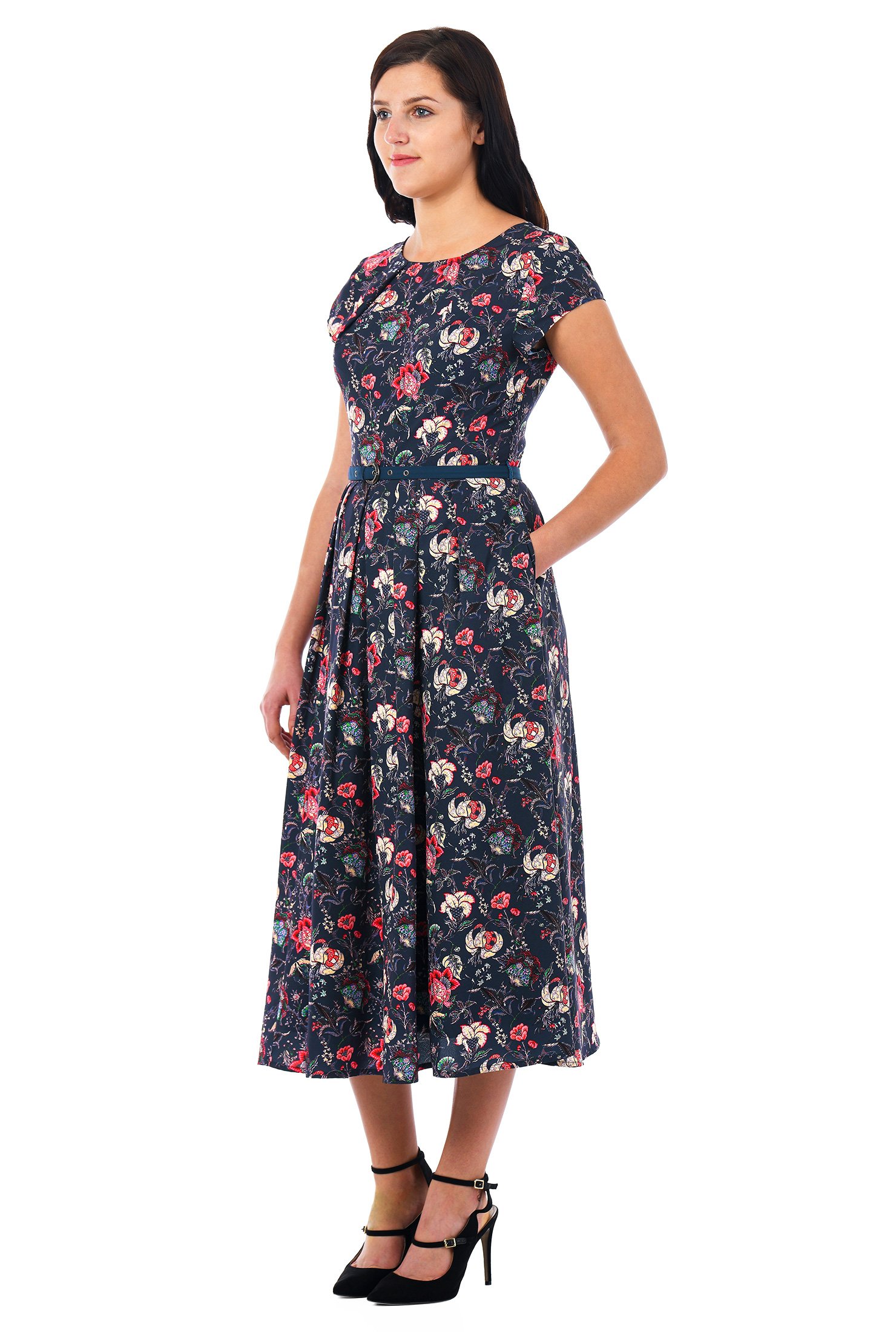 Shop Pleat neck belted floral print crepe dress | eShakti