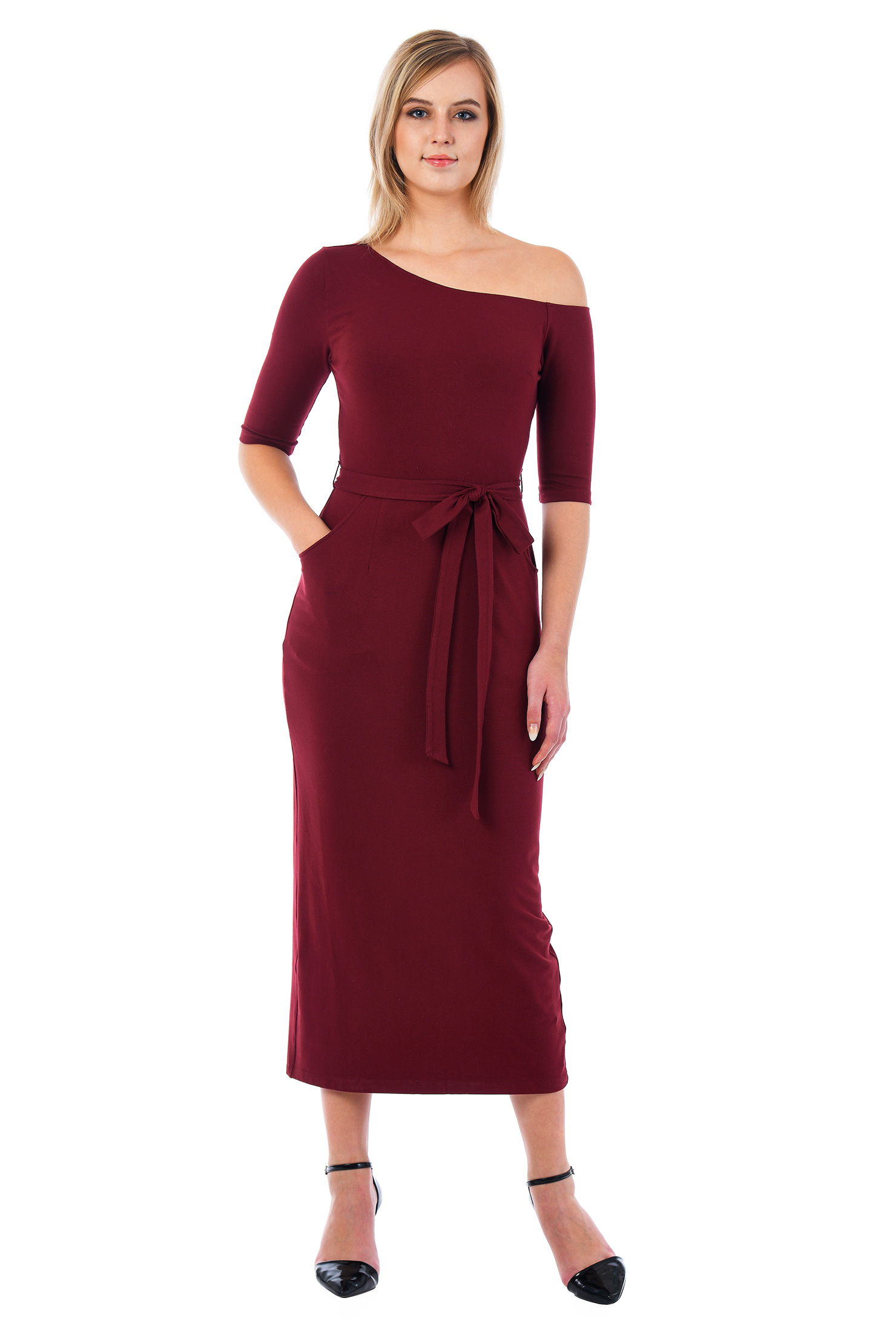 Shop One shoulder cotton knit midi dress eShakti