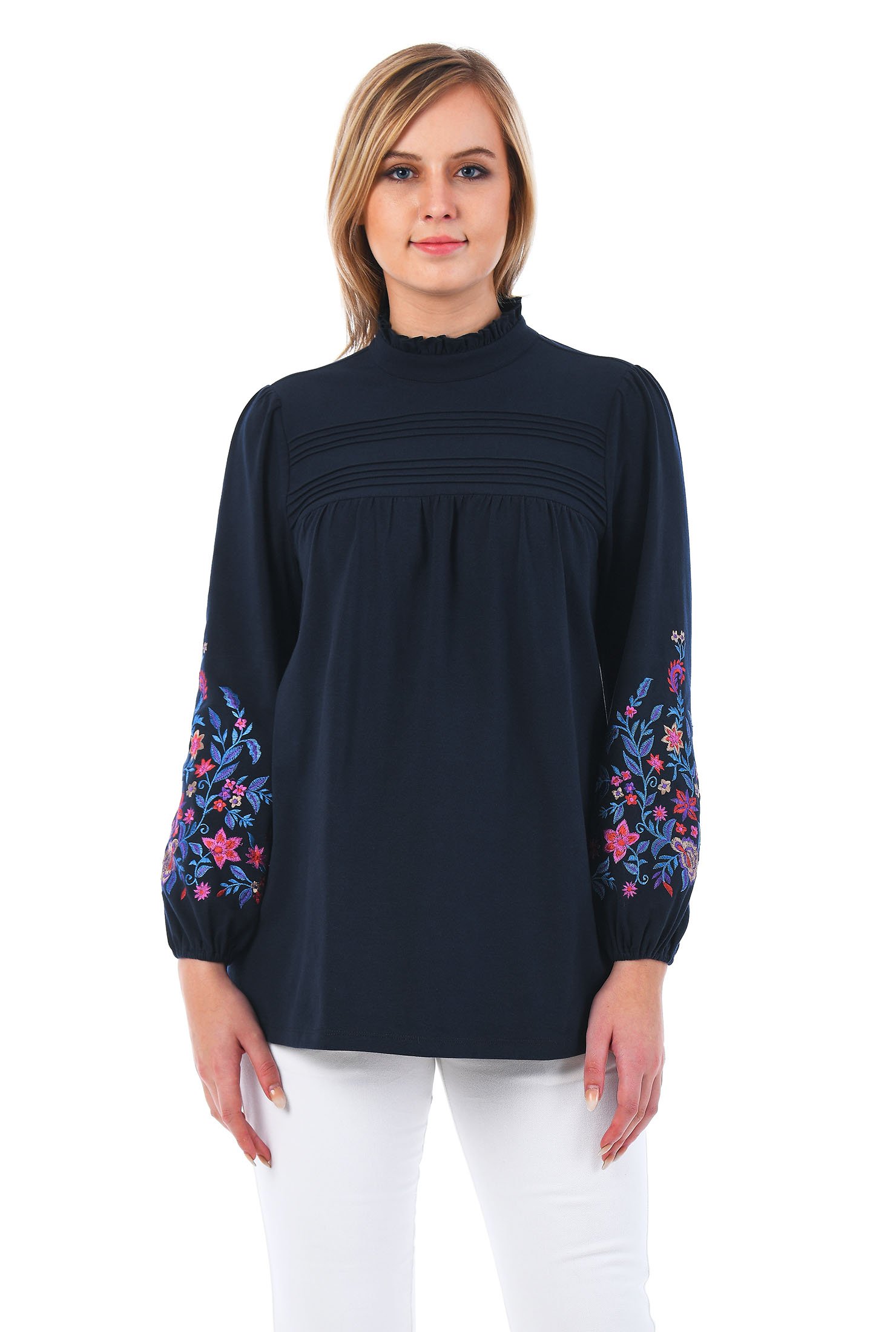 Shop Floral embellished sleeve cotton knit blouse | eShakti