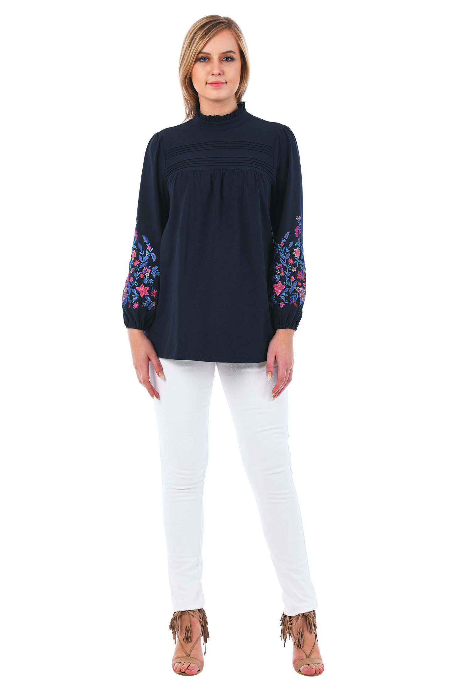 Shop Floral embellished sleeve cotton knit blouse eShakti