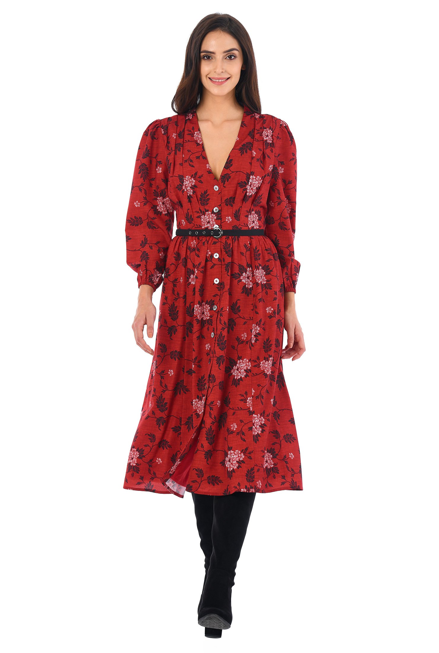 Shop Floral print crepe belted shirtdress | eShakti