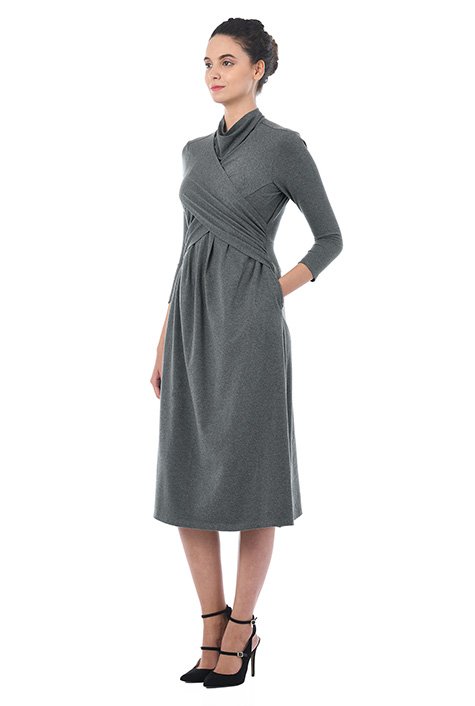 Shop Pleated cross front cotton knit midi dress | eShakti