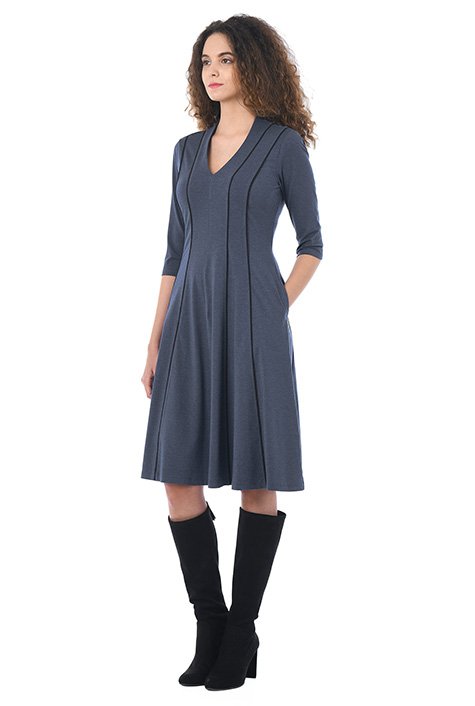 Shop Piped trim cotton knit A-line dress | eShakti