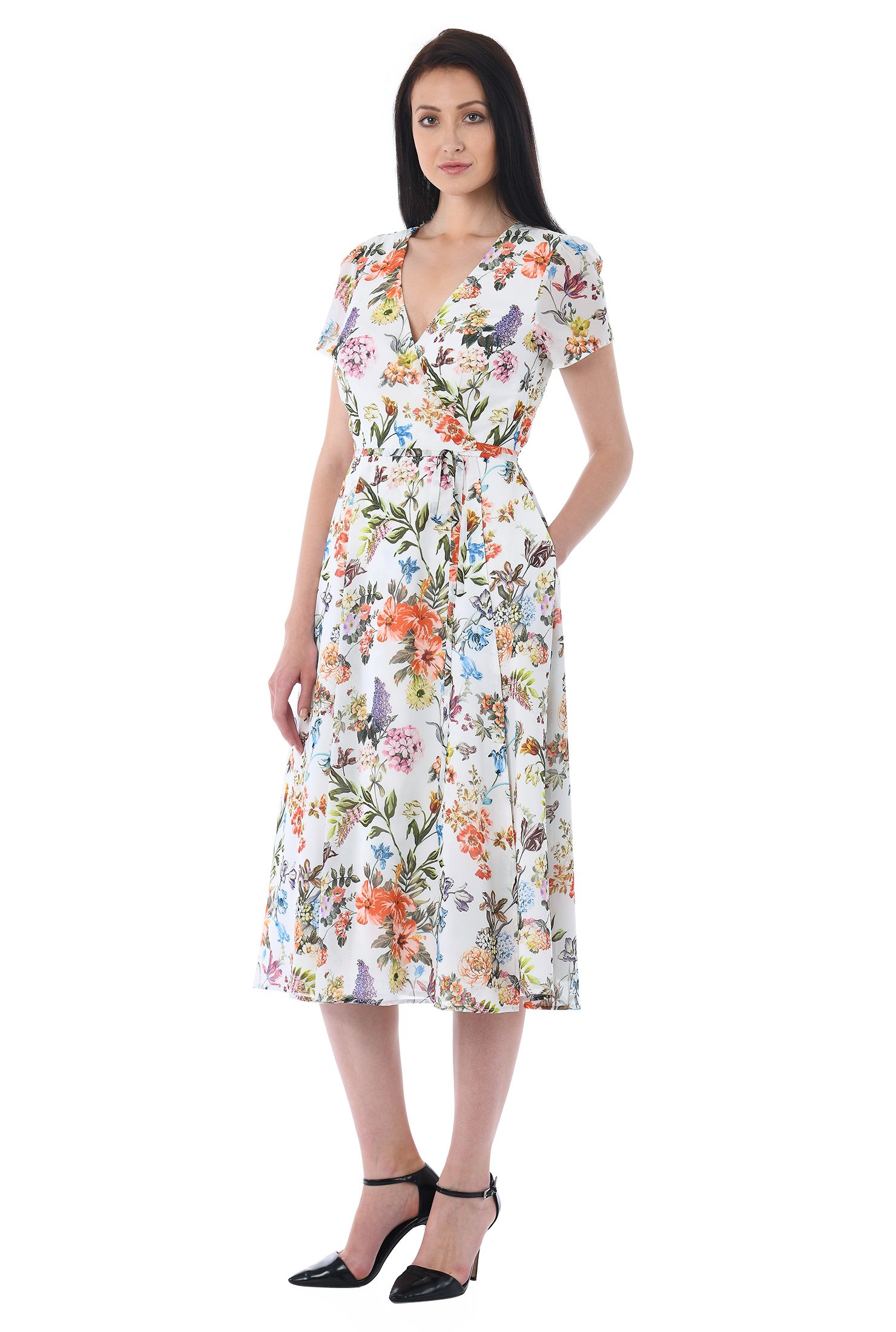 Shop Floral print georgette midi wrap dress | eShakti