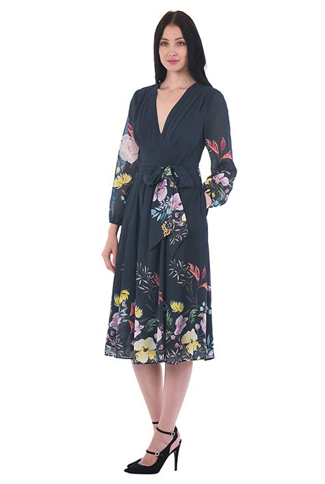 Shop Feminine pleated floral print georgette dress | eShakti