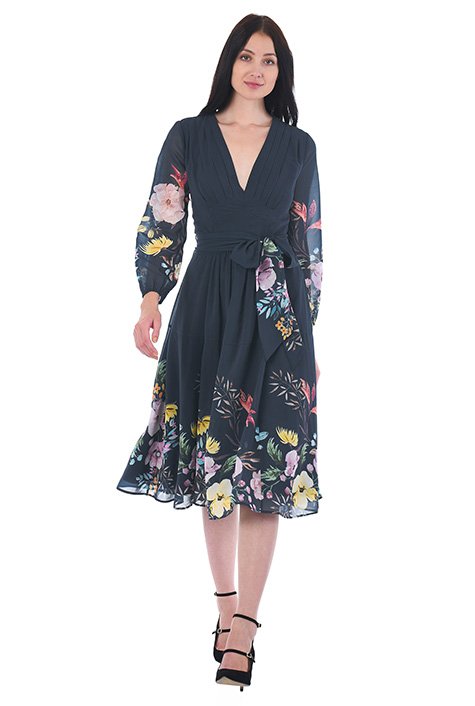 Shop Feminine pleated floral print georgette dress | eShakti