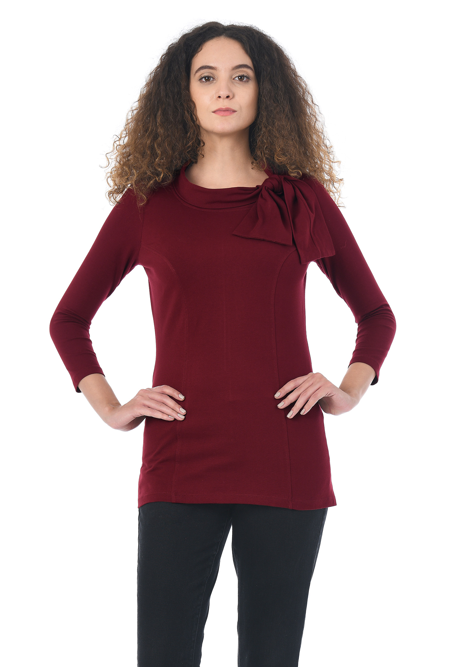 Shop Tie neck cotton knit top eShakti