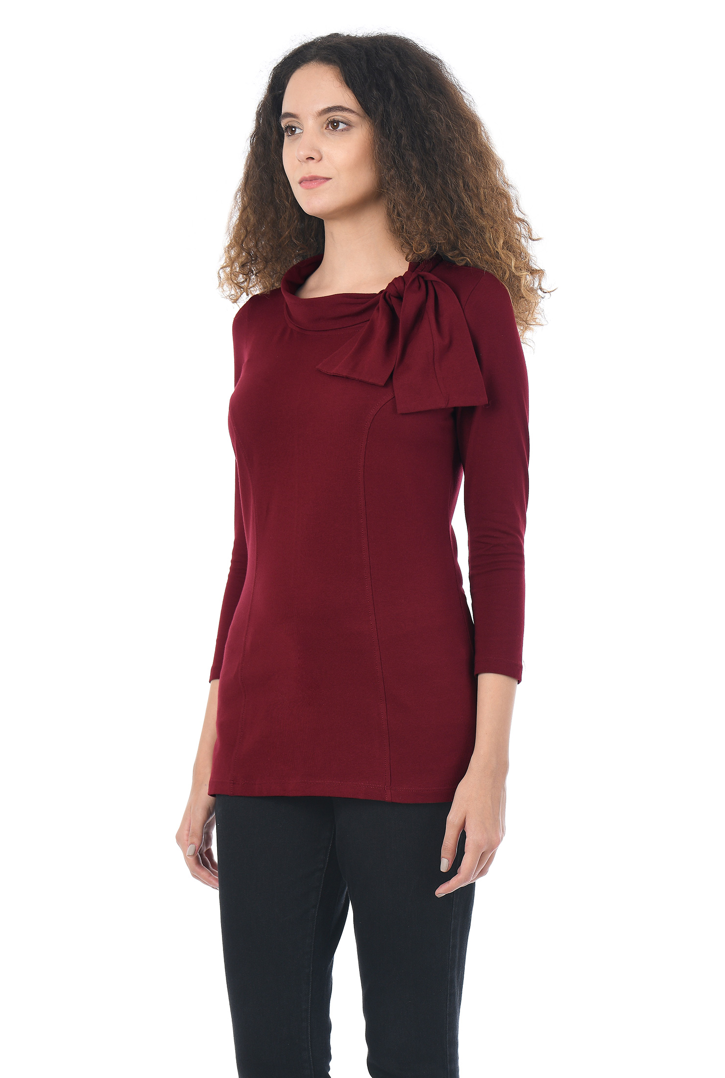 Shop Tie neck cotton knit top eShakti