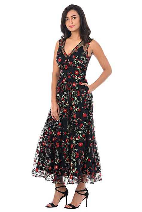 Shop Floral embellished tulle overlay cotton poplin dress | eShakti