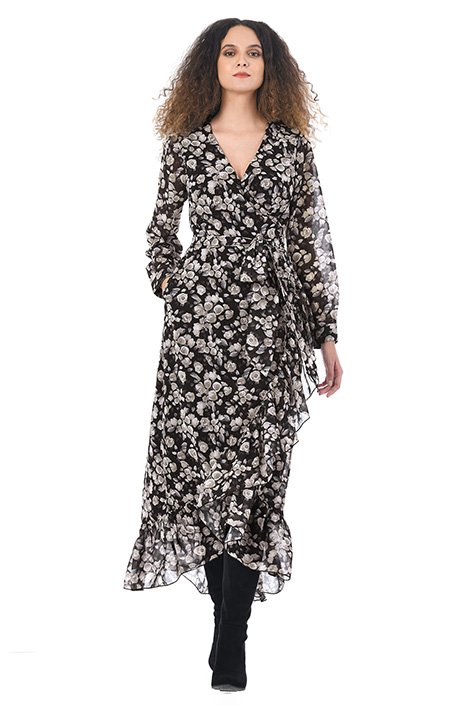 Floral georgette ruffled wrap dress sale