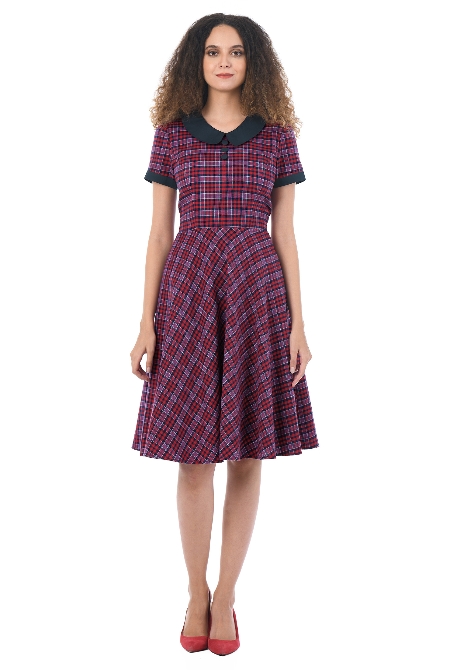 Shop Contrast collar cotton plaid dress eShakti