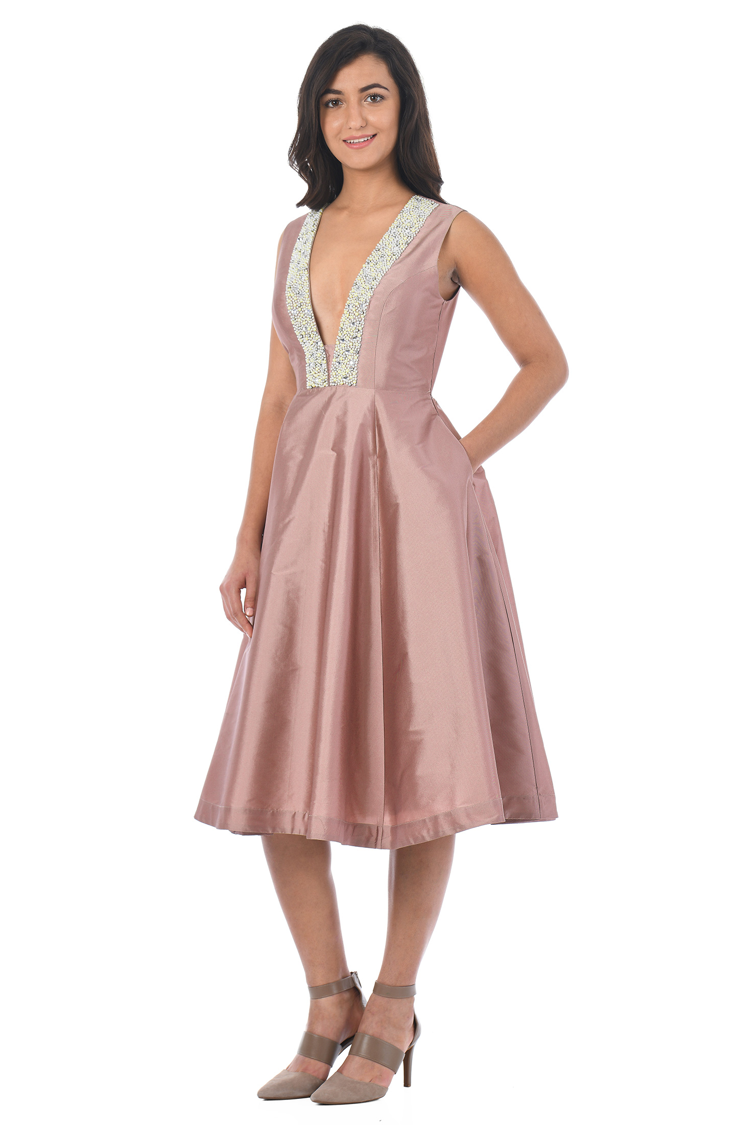Shop Beaded plunge taffeta dress eShakti