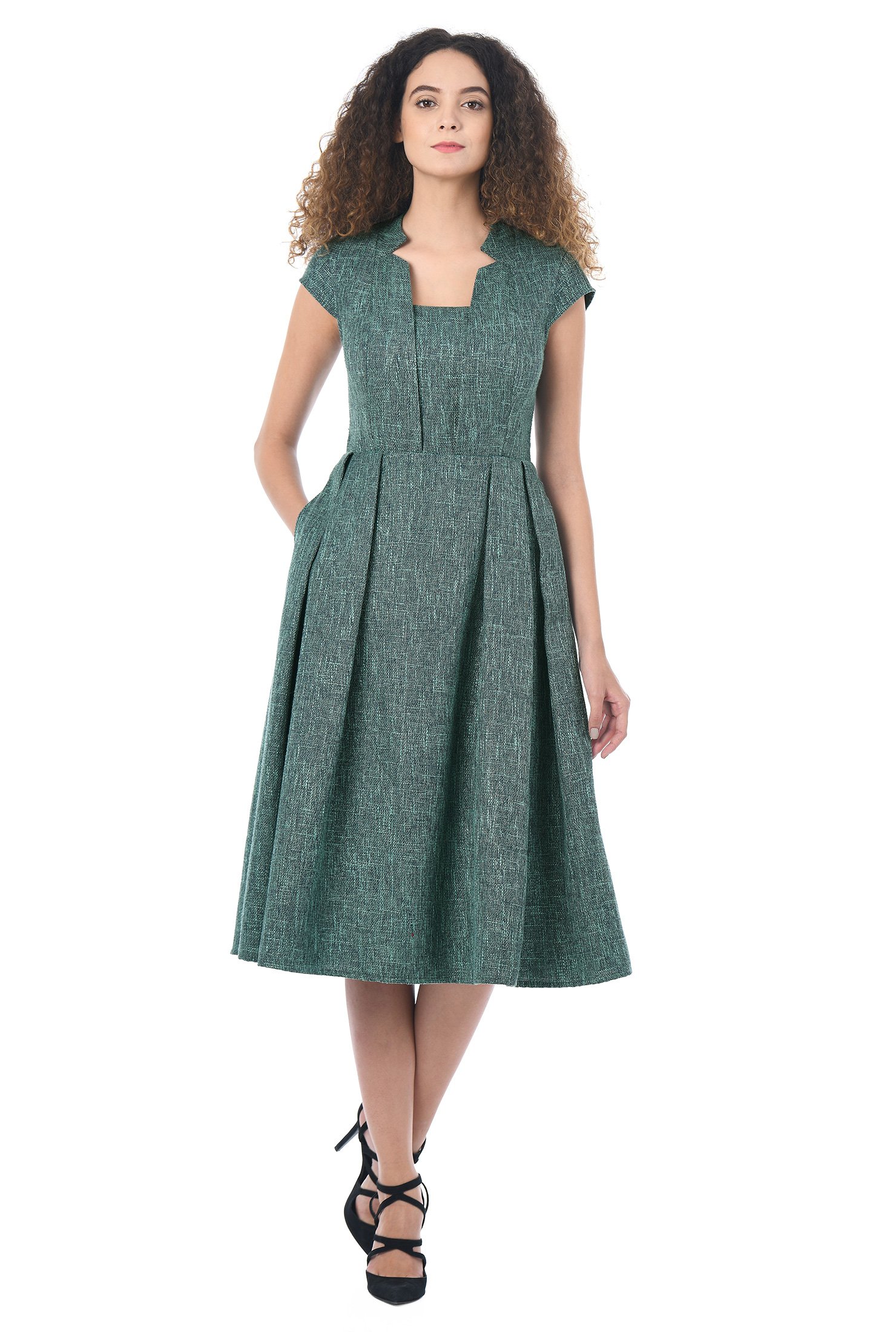 Shop Notch neck cross-hatch suiting dress | eShakti