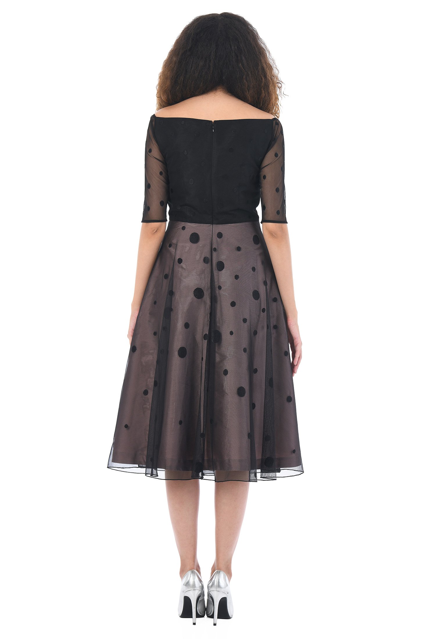 Shop Polka dot mesh overlay taffeta dress | eShakti