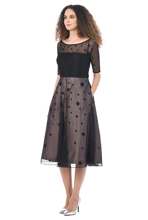 Shop Polka dot mesh overlay taffeta dress | eShakti