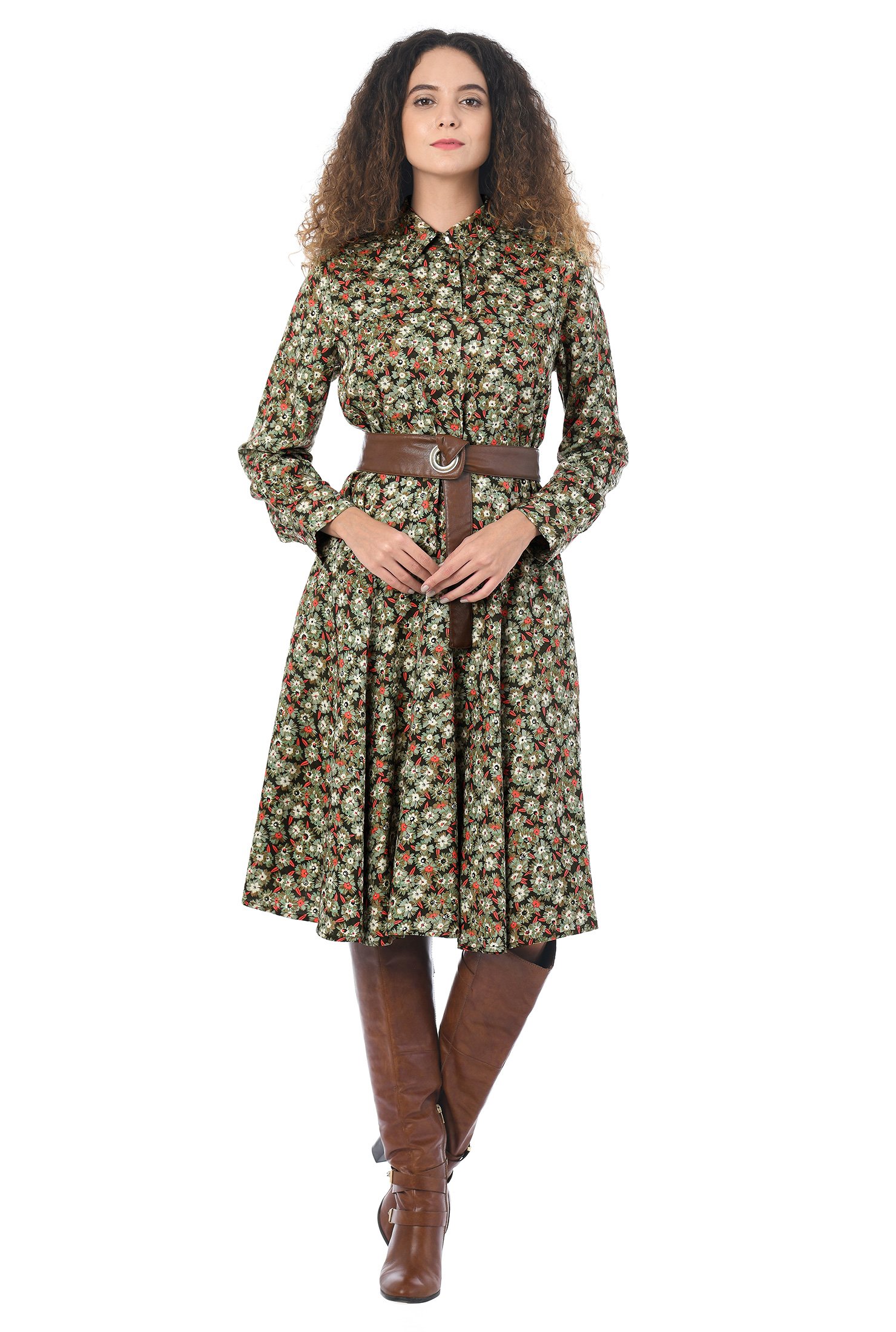 Shop Faux leather belt floral print shirtdress | eShakti