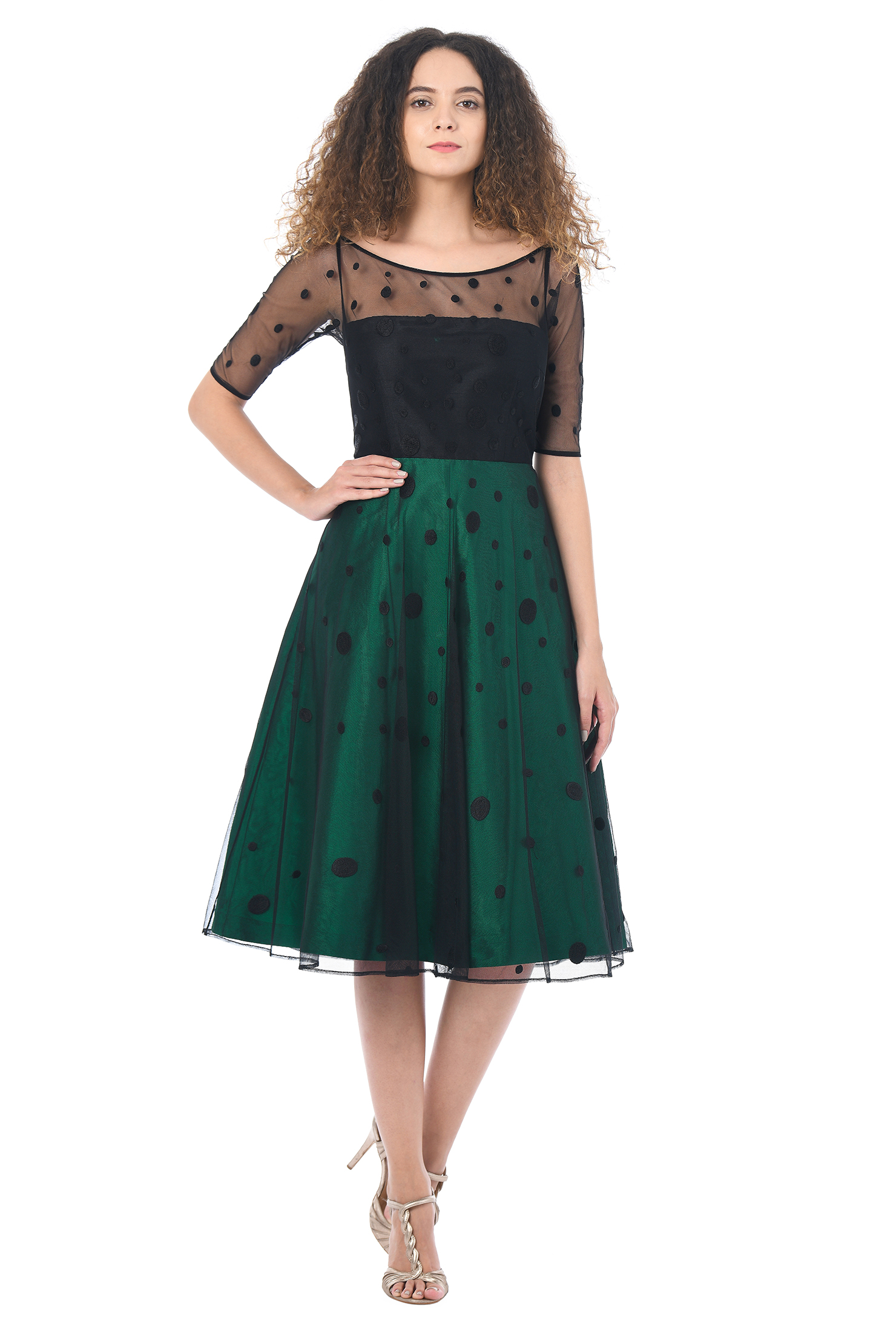 Shop Polka dot mesh overlay taffeta dress eShakti