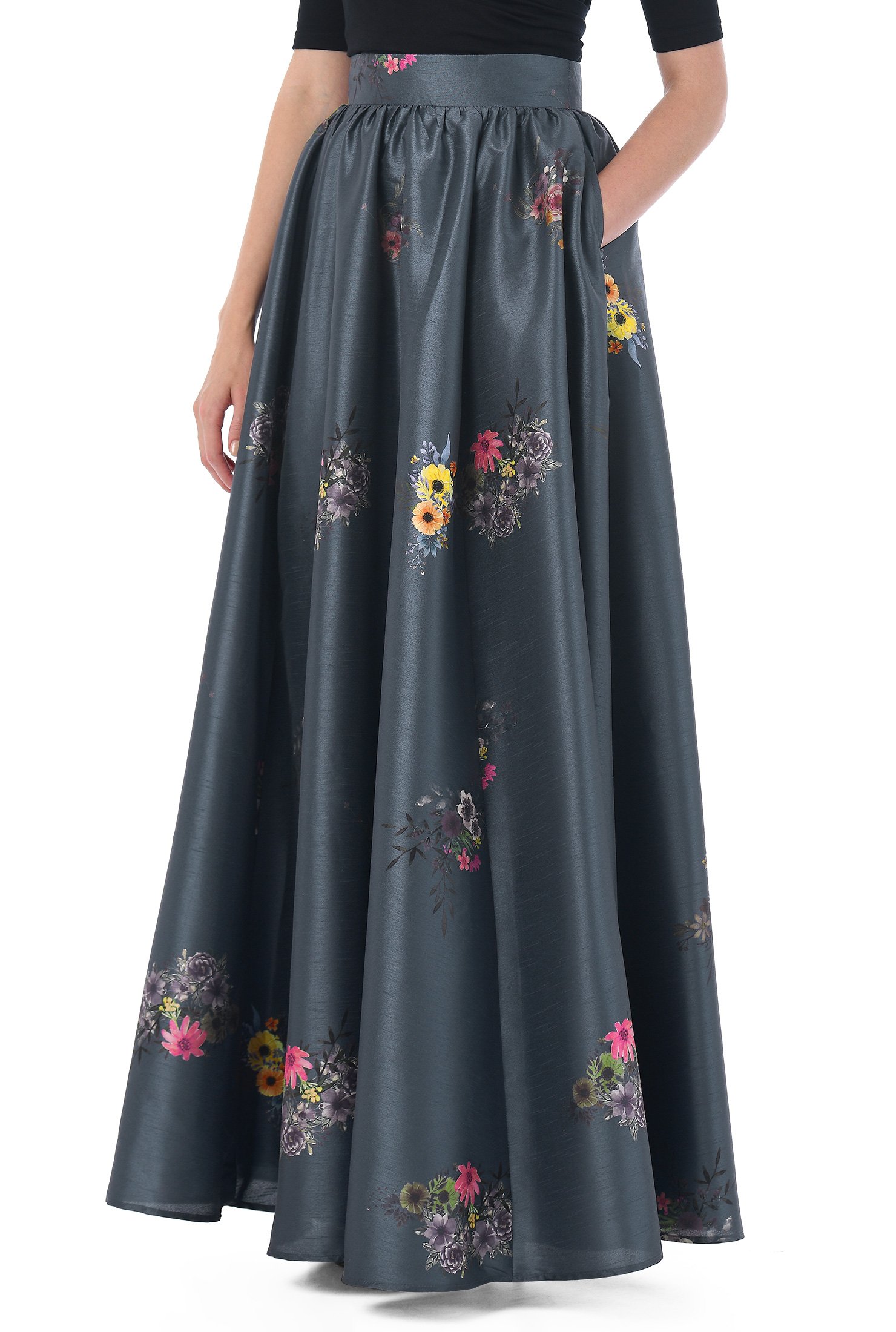 Shop Floral print dupioni maxi skirt | eShakti