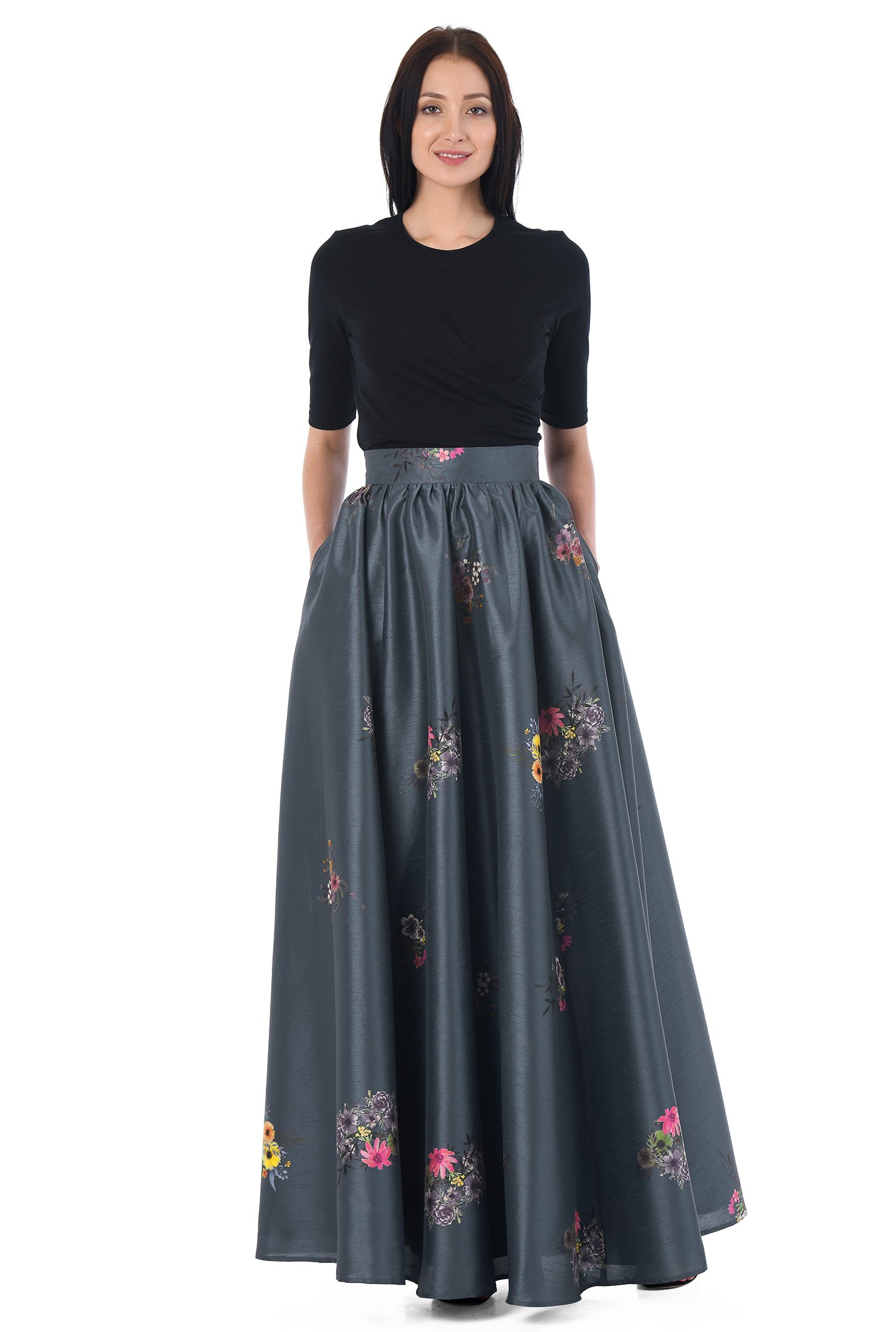Shop Floral print dupioni maxi skirt | eShakti