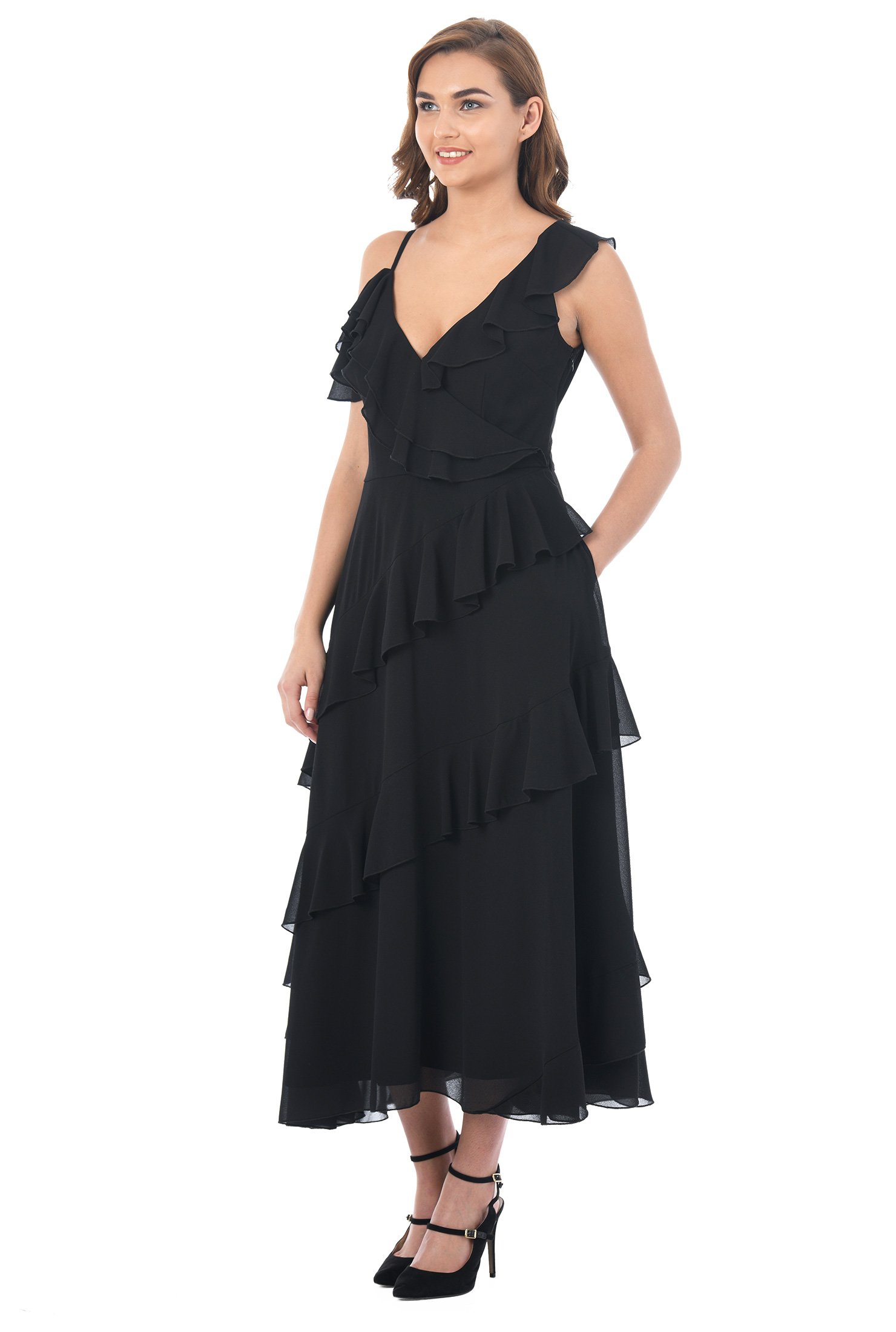 Shop Ruffle cold-shoulder chiffon midi dress | eShakti