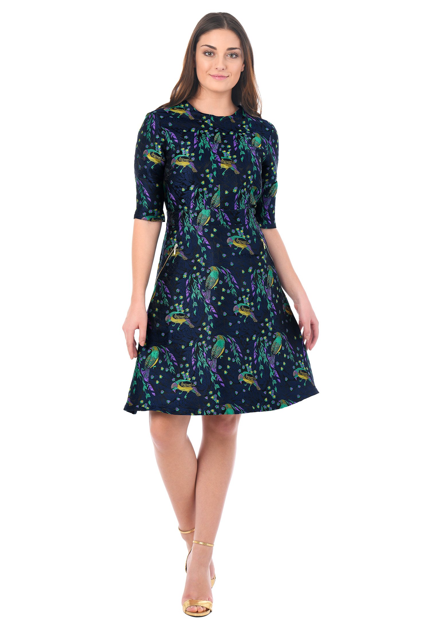 Shop Zip pocket bird jacquard dress | eShakti