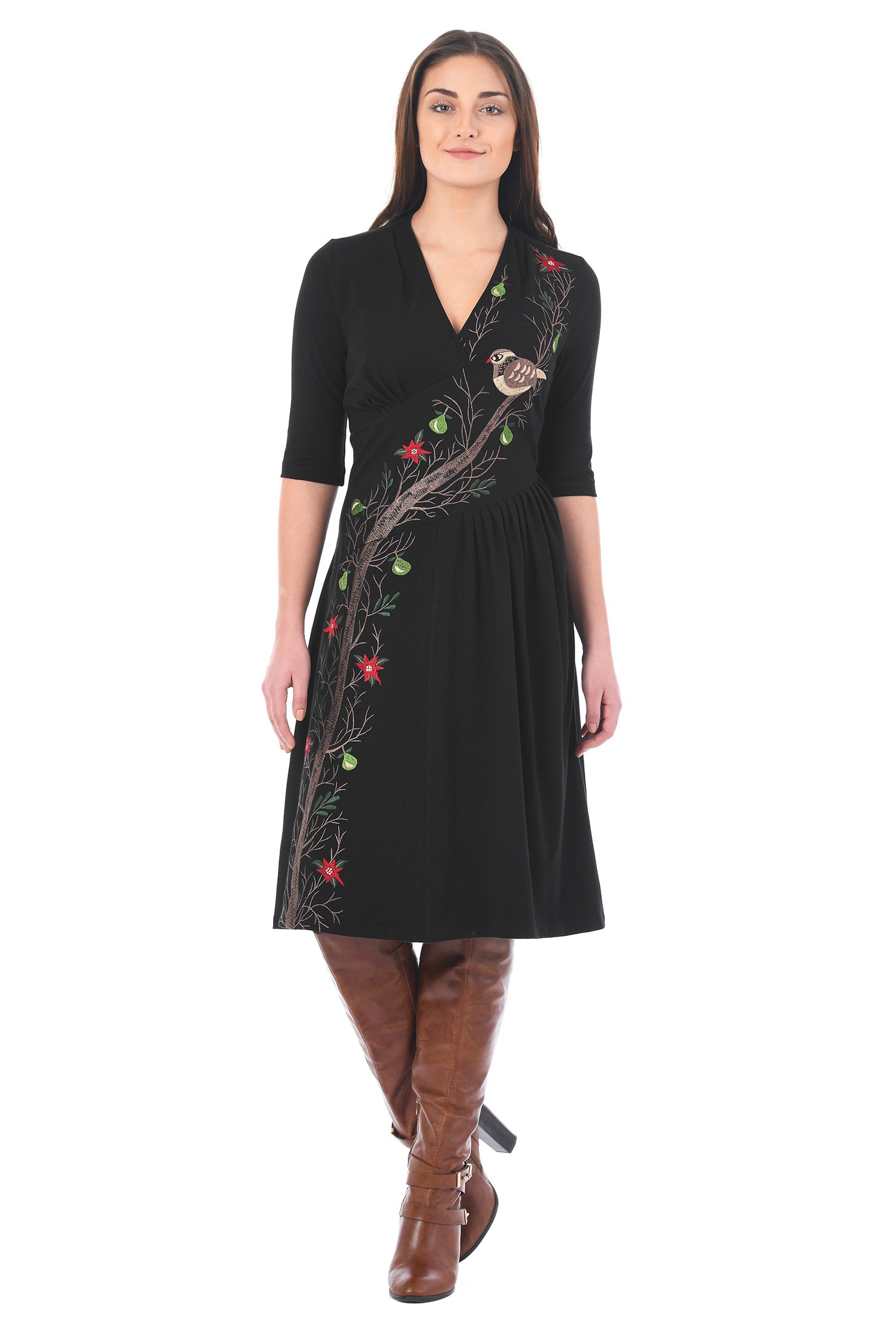 Shop Bird and X-mas branch embellished cotton knit dress | eShakti