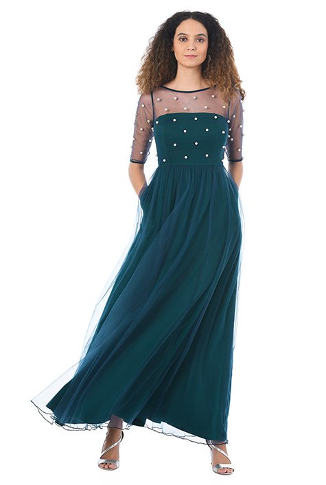 Blue Buttercup Long Sleeve Pearl Mesh Overlay Maxi Dress