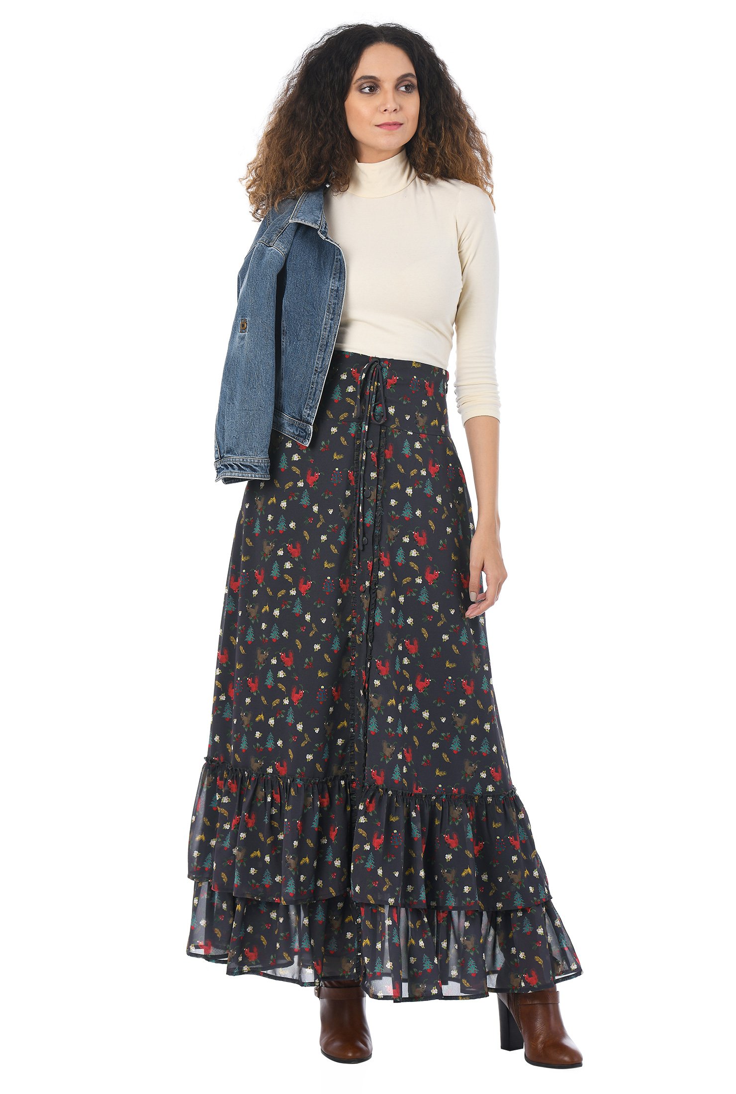 Shop X-mas print georgette tiered maxi skirt | eShakti