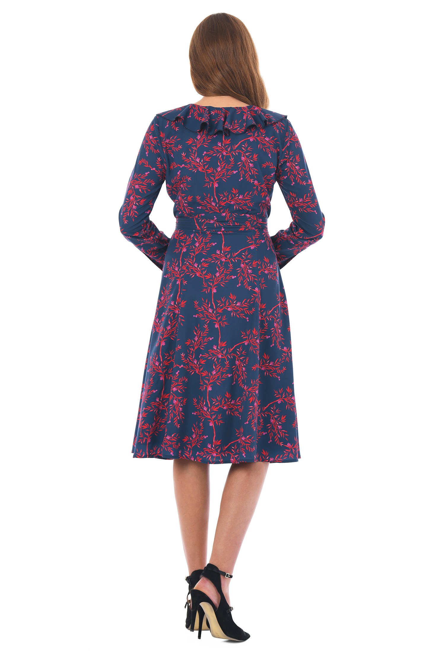 Shop Ruffle floral vine print crepe wrap dress | eShakti