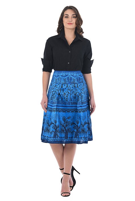 Shop Folk tree print pleated dupioni skirt | eShakti