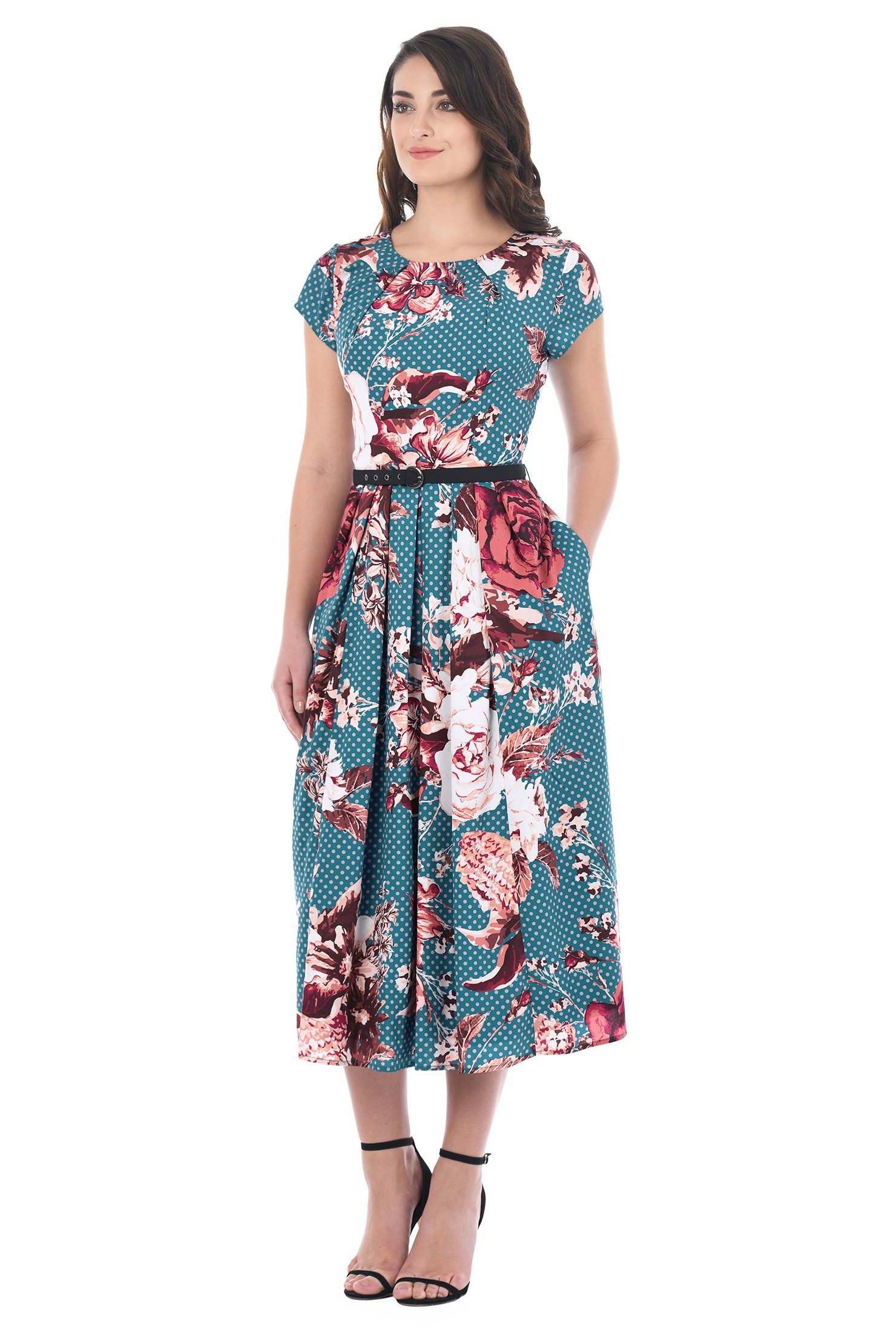 Shop Pleat neck floral dot print crepe belted dress | eShakti