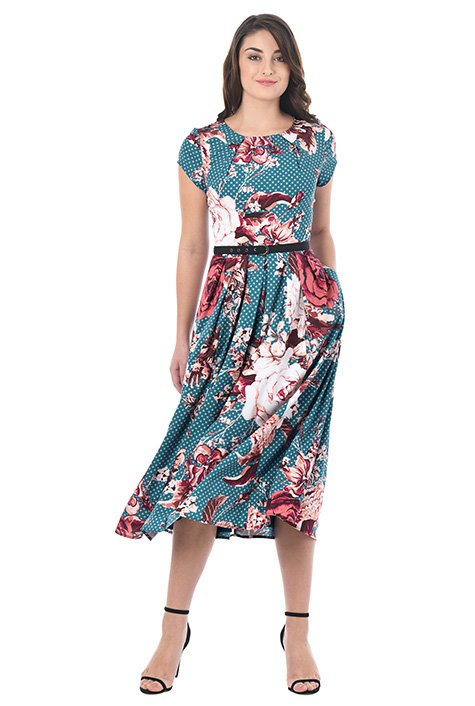 Shop Pleat neck floral dot print crepe belted dress | eShakti