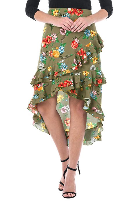 Shop Ruffle floral print crepe high-low skirt | eShakti