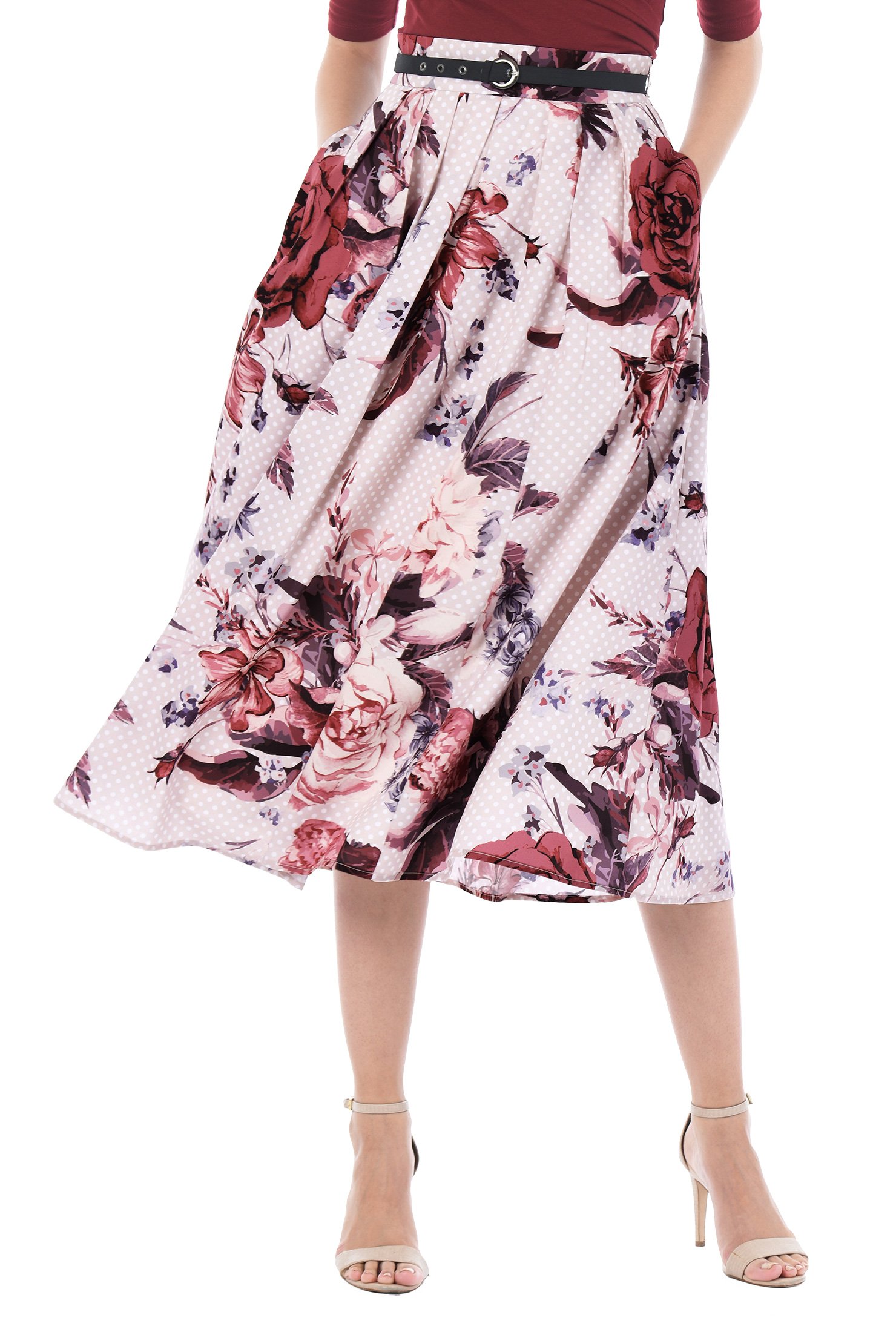 Shop Belted floral dot print crepe skirt | eShakti