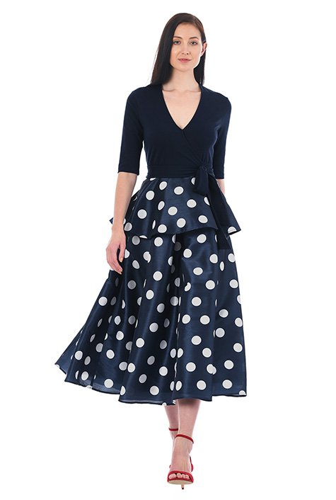 Peplum polka dot mixed media midi dress