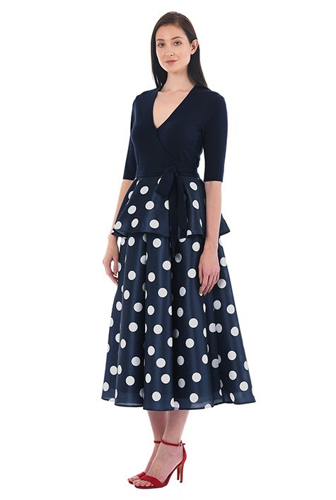 Peplum polka dot mixed media midi dress