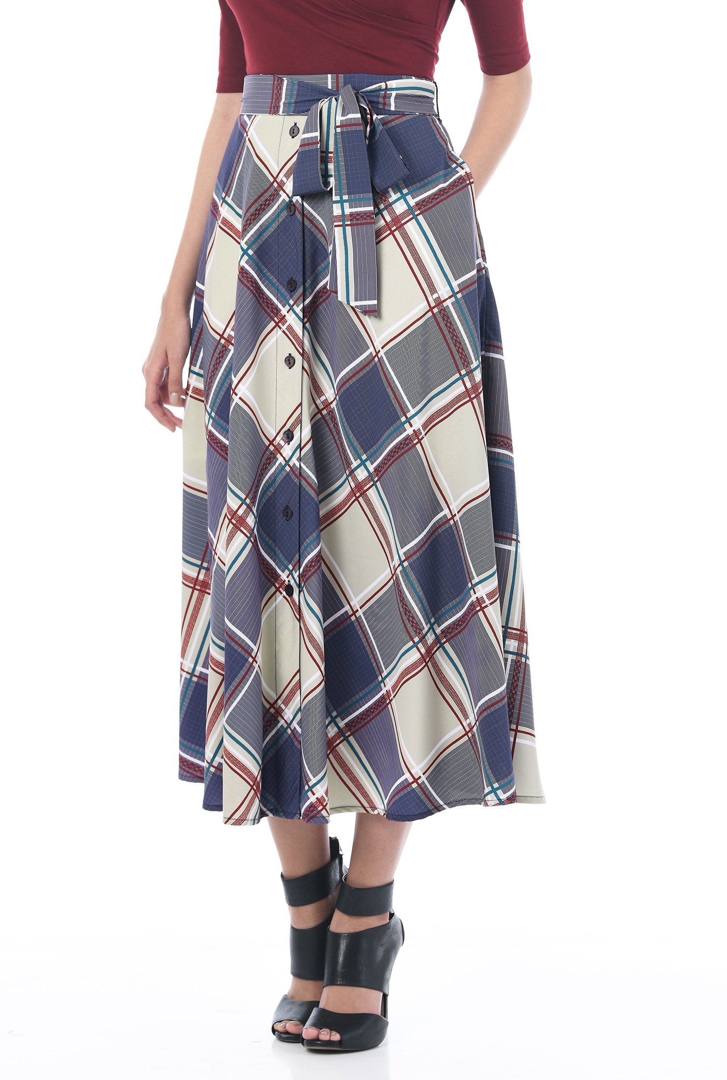 Shop Plaid print crepe button front maxi skirt | eShakti
