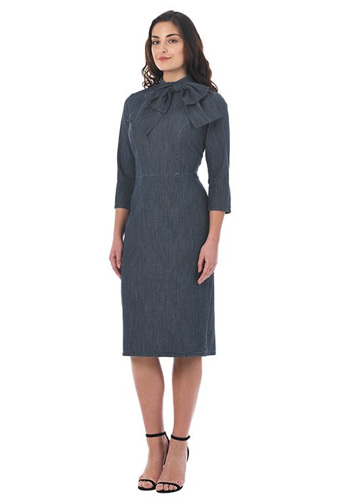 Shop Bow tie neck cotton denim sheath dress | eShakti