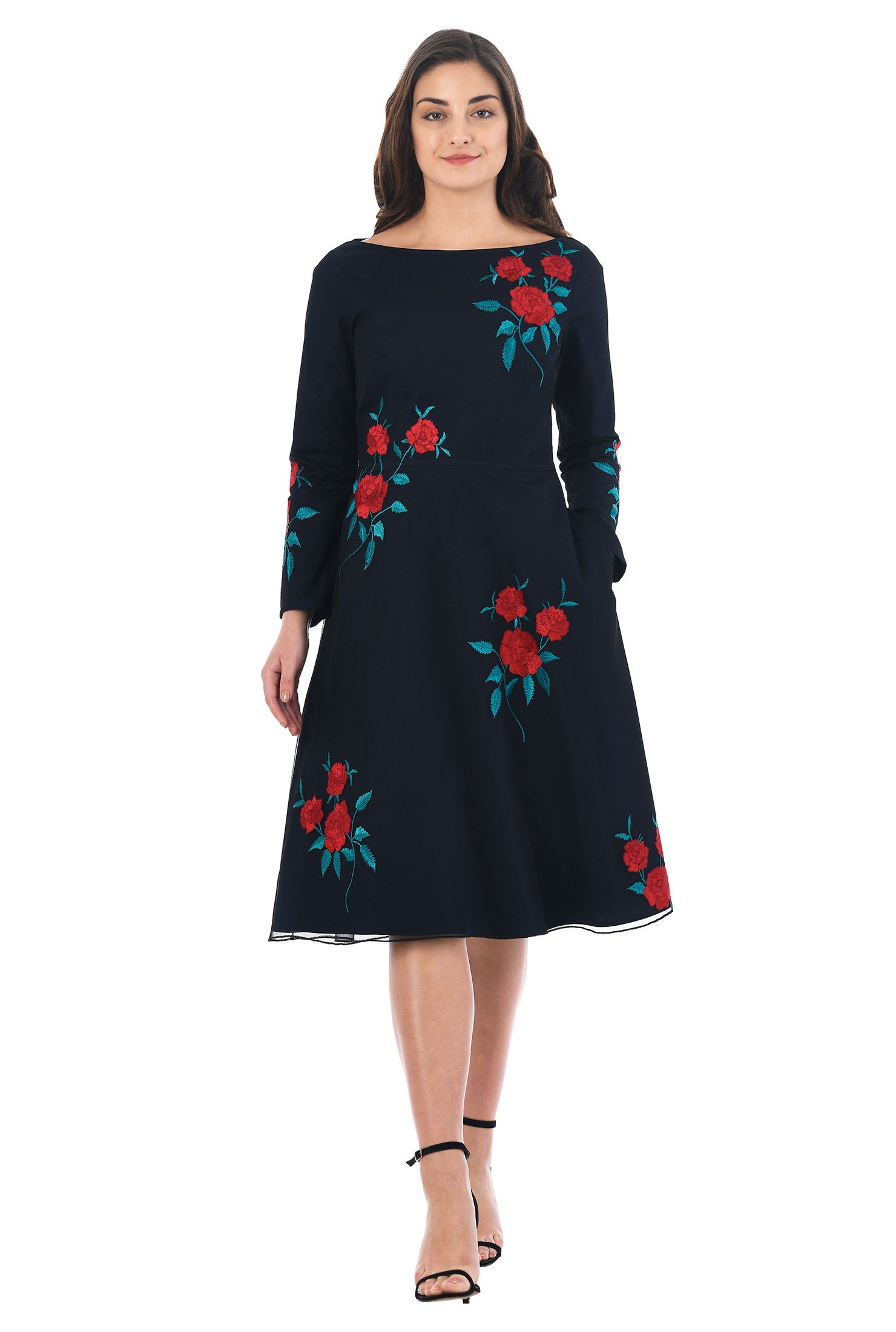 Shop Floral embellished tulle overlay poplin dress | eShakti
