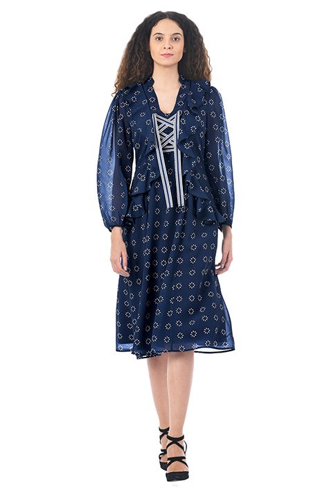 Shop Lace-up graphic print georgette ruffle dress | eShakti