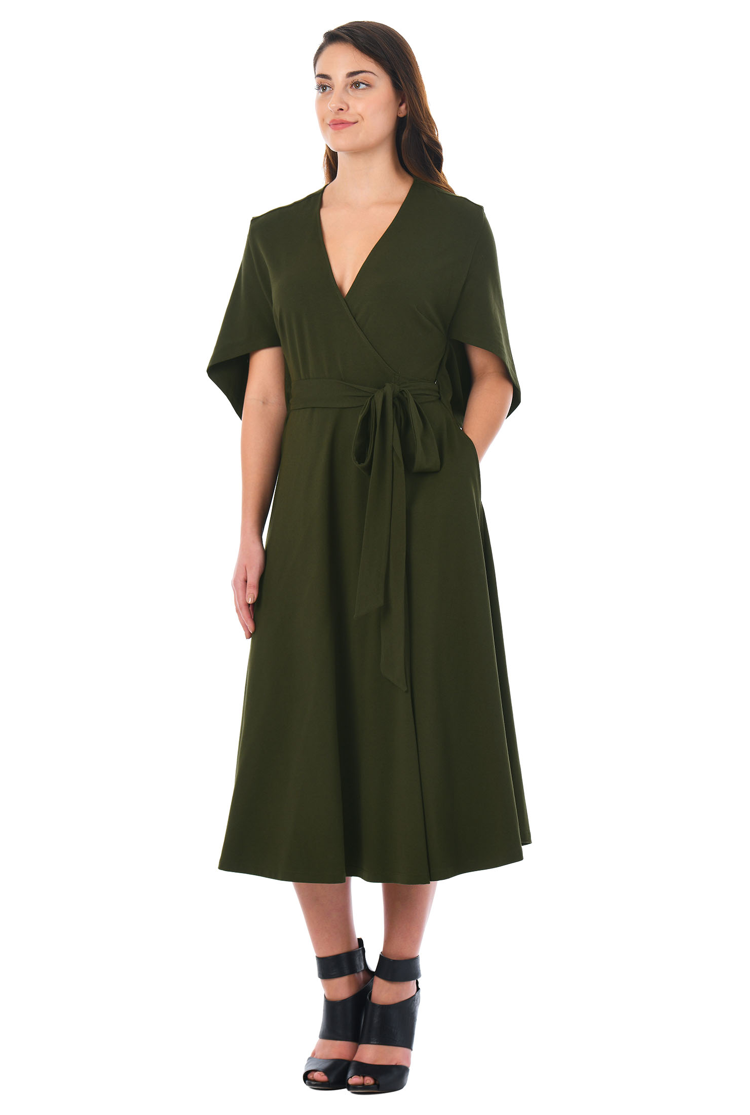 Shop Cape sleeve cotton knit wrap dress eShakti