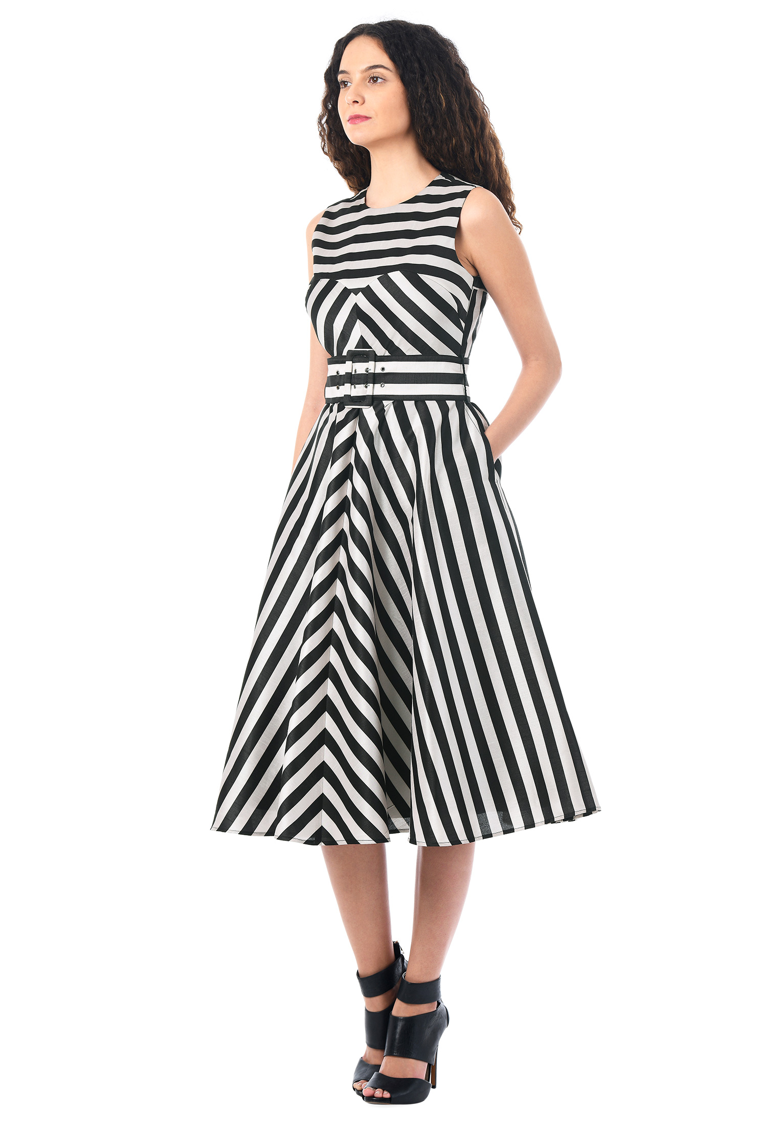 Shop Pieced stripe dupioni wide belt dress eShakti