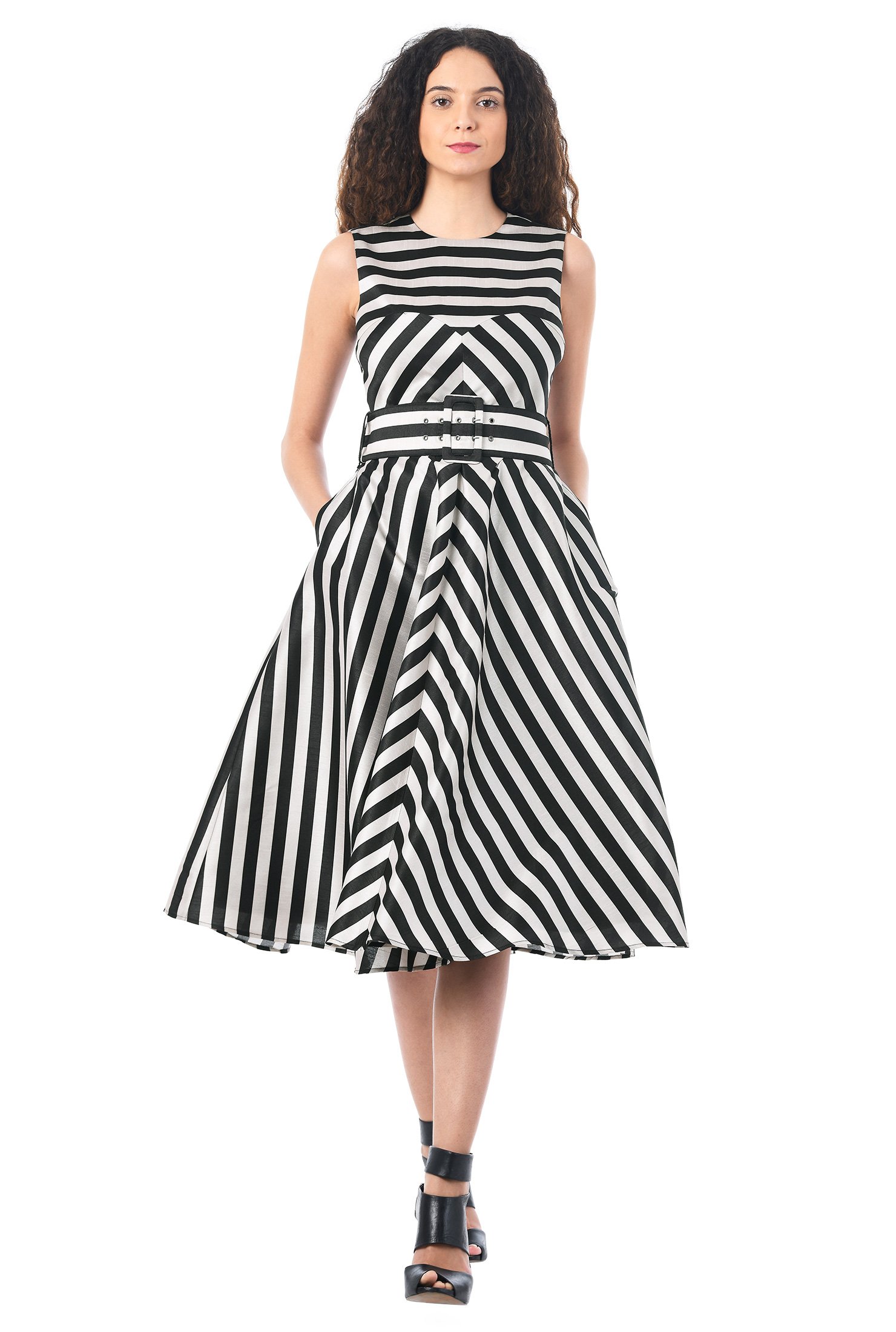 Shop Pieced stripe dupioni wide belt dress | eShakti