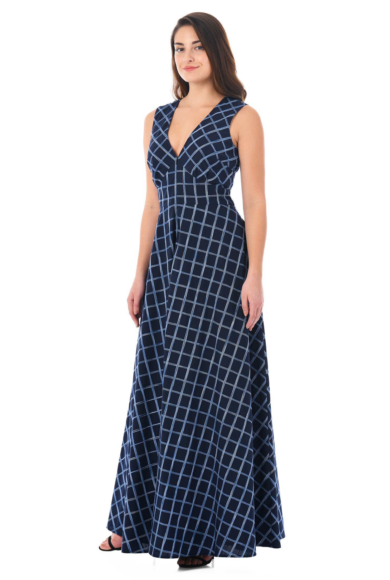 Shop V-neck windowpane cotton maxi dress | eShakti