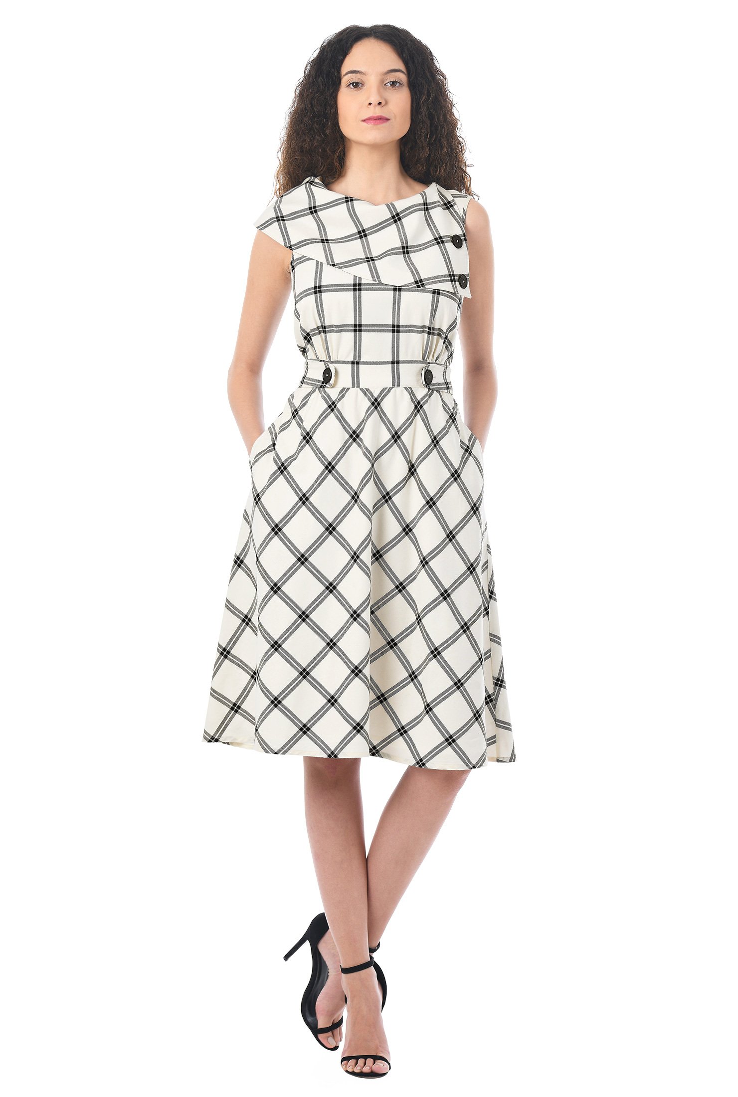 Shop Asymmetric collar windowpane cotton dress | eShakti